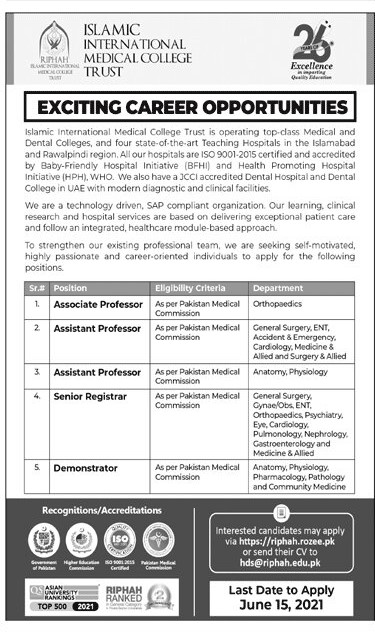 https://riphah.rozee.pk Jobs 2021 - Riphah Islamic International Medical College Trust Jobs 2021 in Pakistan