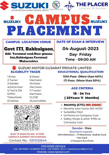 ITI Jobs Campus Placement in Govt ITI Yavatmal, Maharashtra for Suzuki Motors
