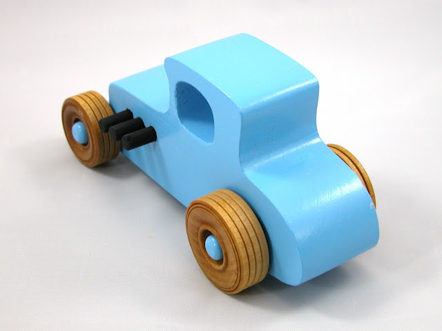 Wood Toy Car Hot Rod '27 T-Coupe, Handmade and Finished with Baby Blue and Black Acrylic Paint and Amber Shellac, Race Car, Street Rod