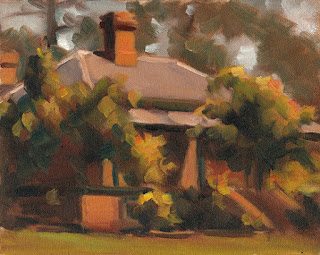 Oil painting of a brick Victorian-era house surrounded by tress and shrubs.