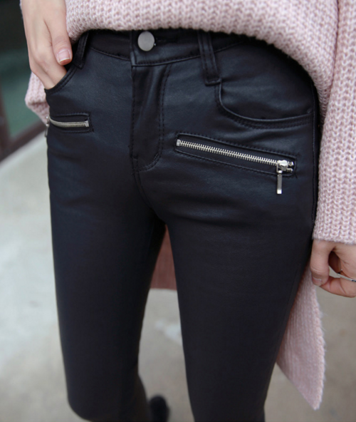 Coated Slim Fit Pants with Zipped Pockets