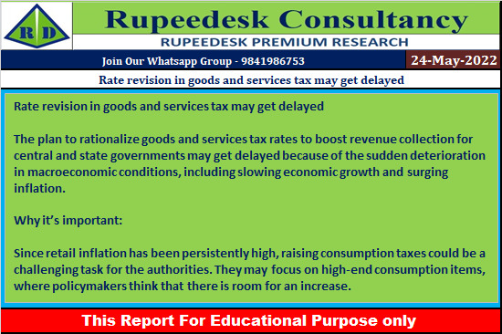 Rate revision in goods and services tax may get delayed - Rupeedesk Reports - 24.05.2022