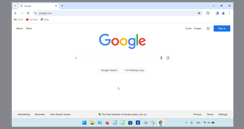 The open Google Chrome browser window displays the google.com search engine website.