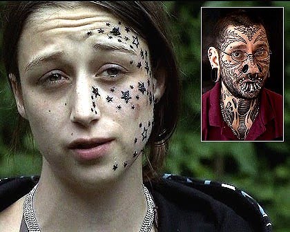 Women tattoos star on face