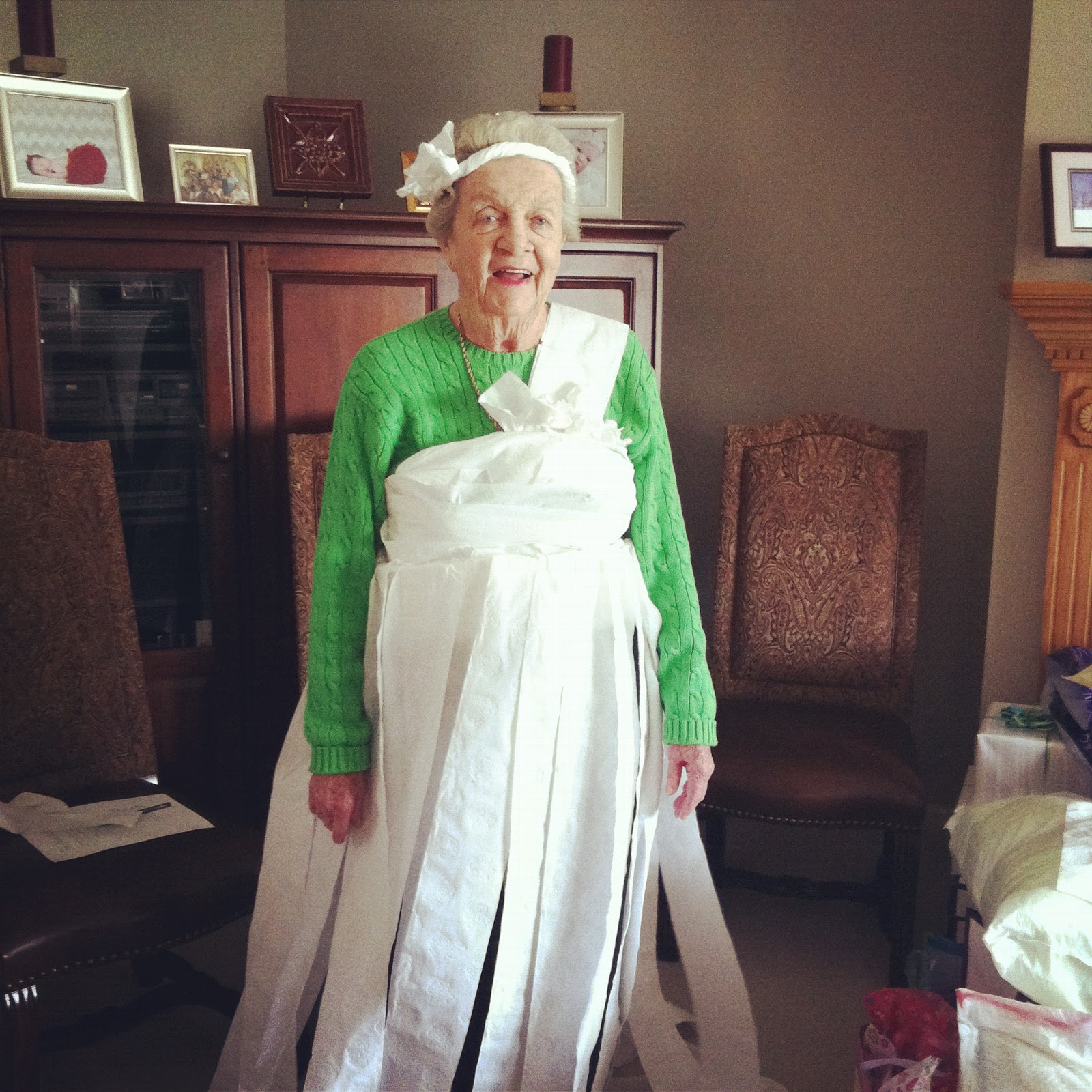 up Aunt Jean in a toilet paper wedding dress. She has been engaged