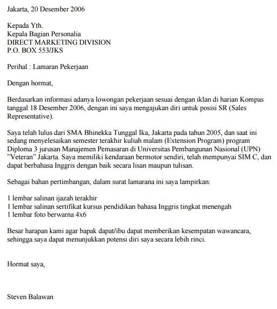 Contoh Surat Lamaran Kerja Part Time Marketing Koperasi 