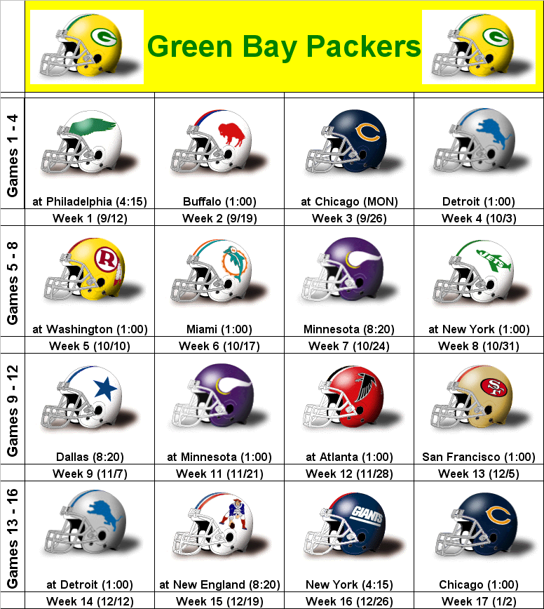 2010 Green Bay Packers Printable Helmet Schedule
