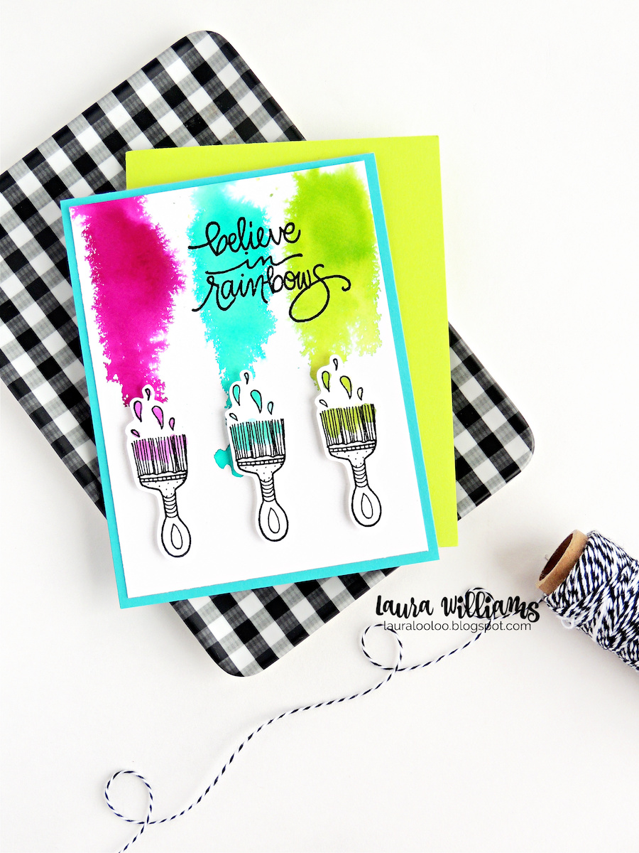 Believe in Rainbows. Visit my blog to see two bright and cheery cards using stamps from Impression Obsession. This card with paintbrushes was fun to make with splashes of watercolor using liquid dye ink in three colors.
