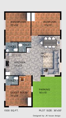 This image contains the modern floor plan house design with the  plot size of 1500 sq. ft.