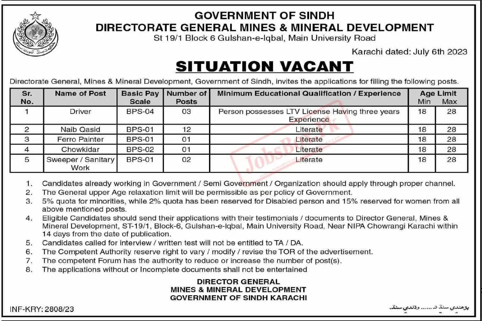 Mines and Minerals Department Sindh Jobs 2023 Latest Advertisement