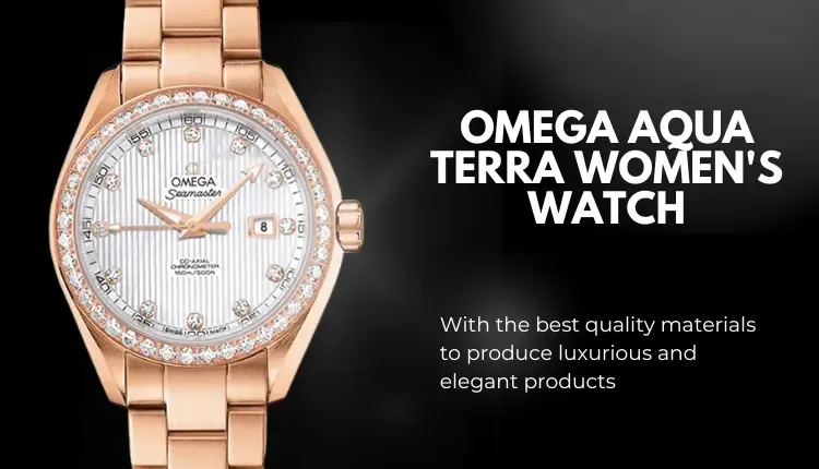 Image of Omega Aqua Terra luxury women's watch from the front with a black background