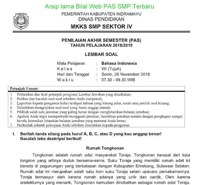 Kumpulan Soal Penilaian Akhir Semester (PAS)  Bahasa Indonesia Kelas 7 (Tujuh) SMP Terbaru Tahun 2019