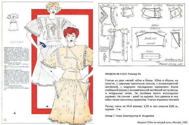 Модели ГУМа на каждый день. Москва, 1985. Модель 5-015 - летнее платье с отделкой кружевом, где блуза свободная с асимметричной застёжкой, а юбка широкая со сборками и треугольными карманами - готовая выкройка 44 размера