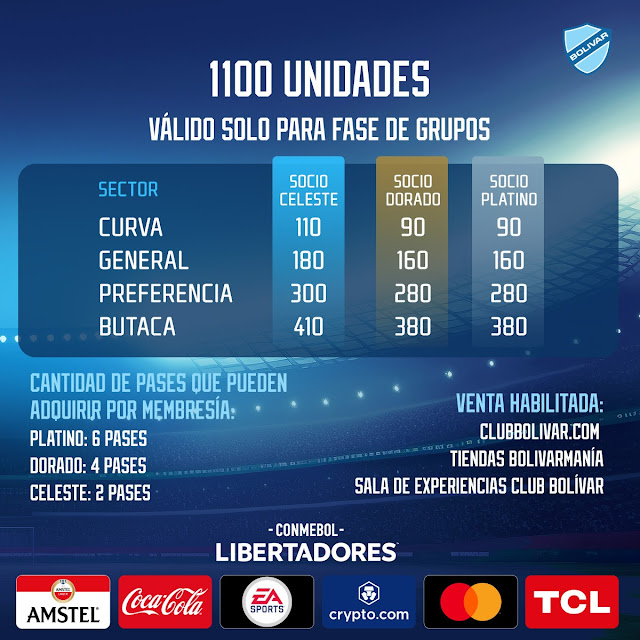 Venta de Pases para los Socios de Bolivar para la Copa Libertadores 2023