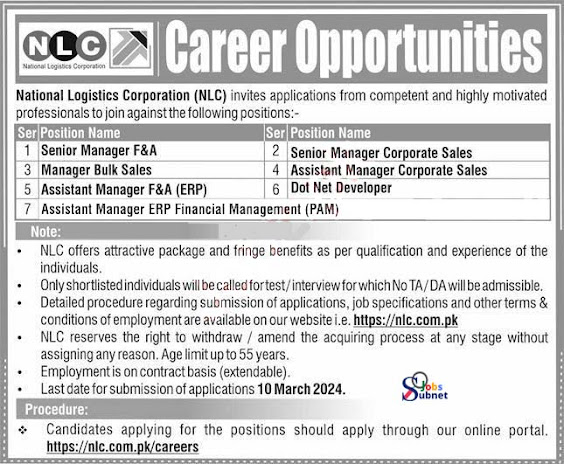 Online Apply At National Logistics Corporation NLC Islamabad Jobs 2024