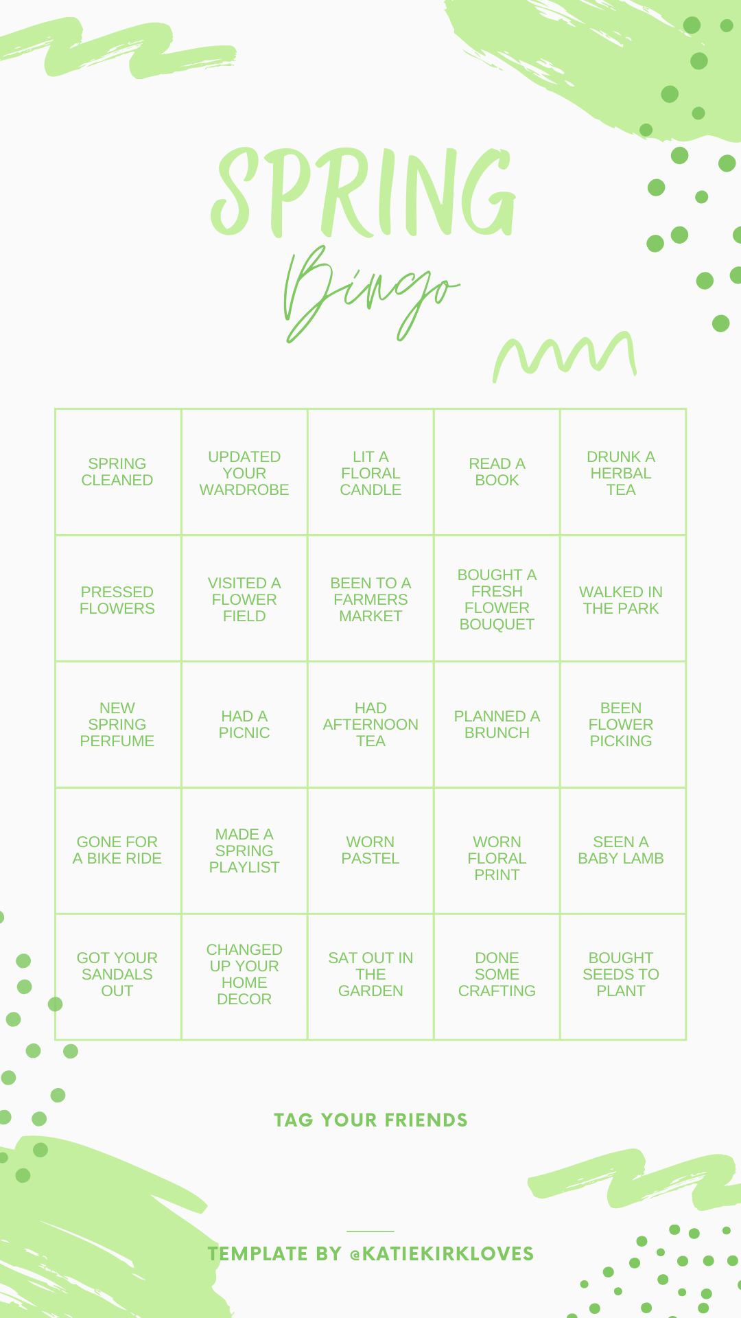 Instagram Story Templates by UK Creator Katie Kirk Loves. These are Spring themed templates you can use for fun, you share them on your Instagram story, fill them in and share with friends. They include Spring themed this or that, spring bingo and which spring flower are you?