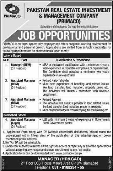 Pakistan Real Estate Investment & Management Company (PRIMACO) EOBI JOB OPPORTUNITIES - APRIL 2018