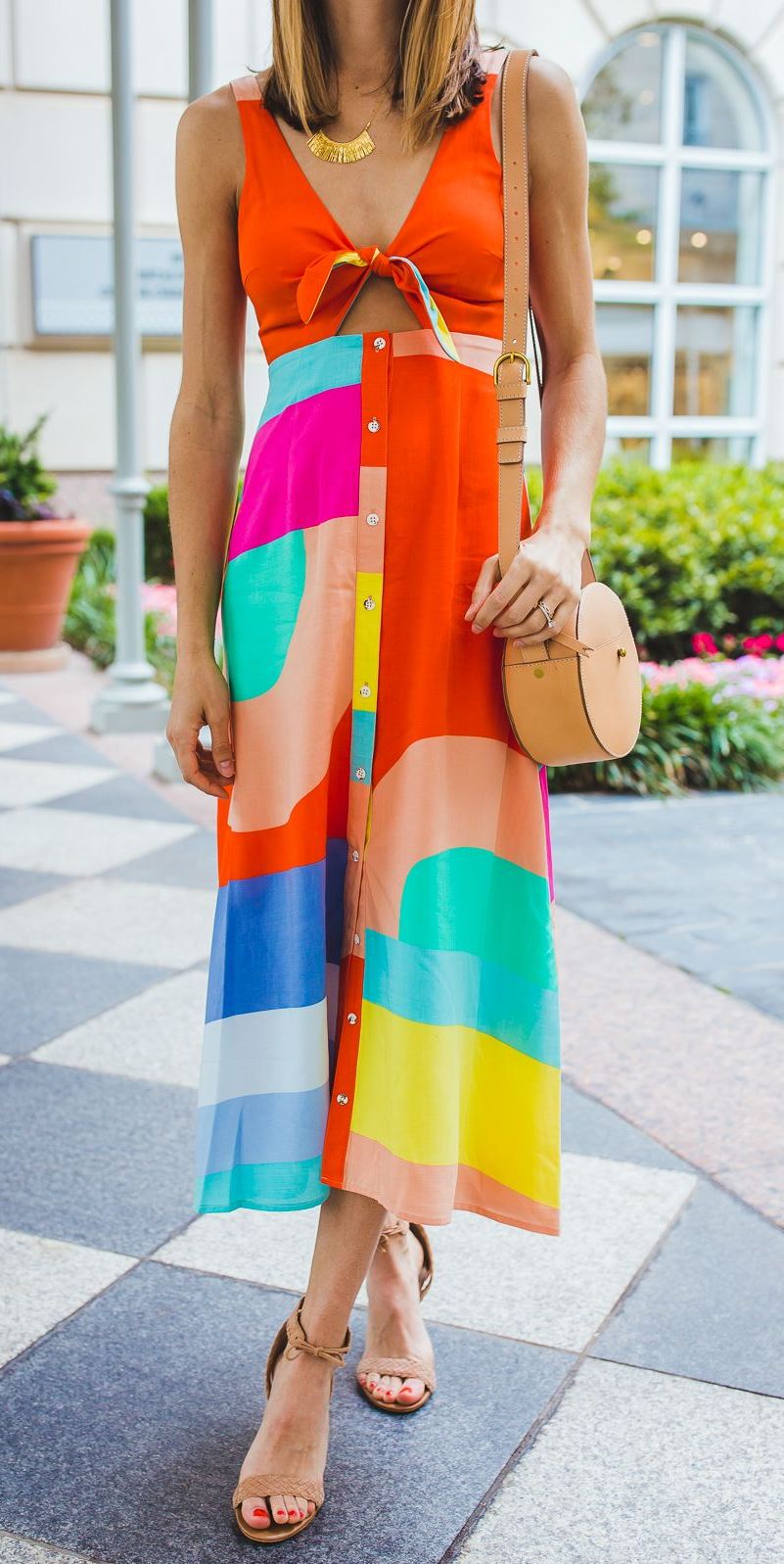 gorgeous summer outfit idea / nude round bag + colorful dress + sandals
