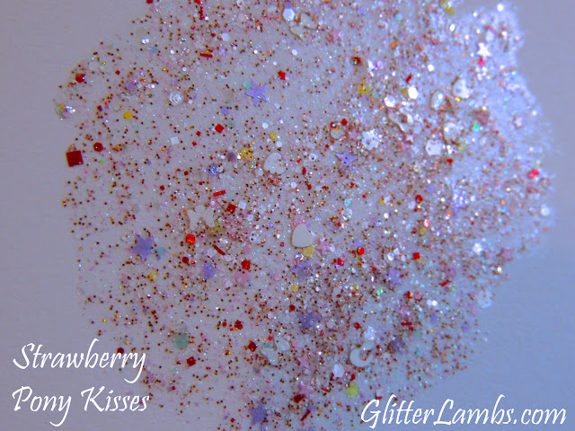 Glitter Lambs "Strawberry Pony Kisses" Nail Polish has an assorted mix of glitters of white opal iridescent hex, white bows, lavender stars, red and white hex, micro pink hex, micro iridescent glitters, pastel colored hex glitters in blues, yellows, and pink, Pink mini stars, white hearts, white leopard spot glitters, micro holographic burnt amber orange glitters.