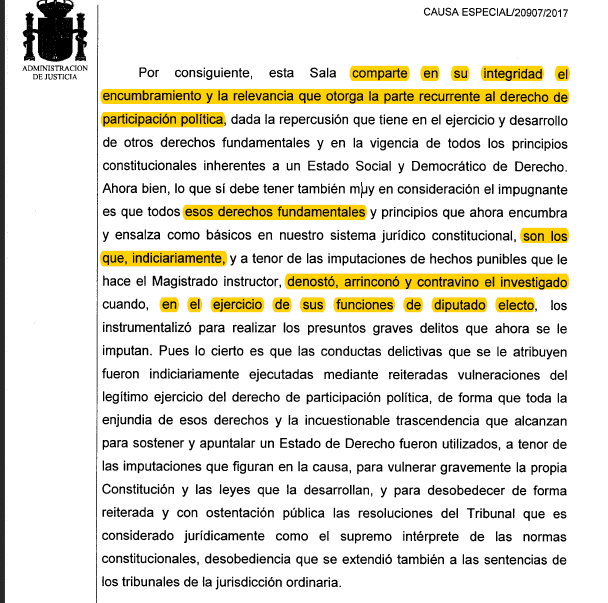 Auto del TS sobre los derechos fundamentales de Junqueras