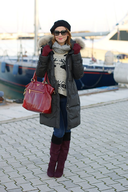 Moncler Phalangere jacket, Miu Miu boots, Prada bag