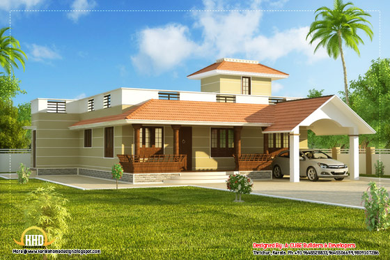 Single story Kerala model house with car porch 1395 Sq.Ft. (130 Sq.M.) (155 Square Yards) - April 2012