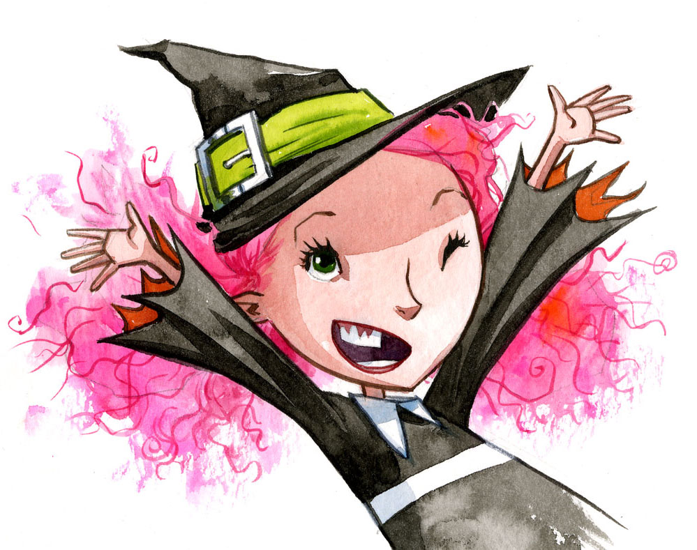 Magic Trixie, a young girl in a black frock and traditional witch's hat, with frizzy pink hair