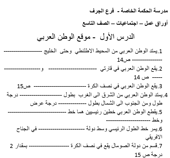 حل درس ادارة الموارد والانشطة الاقتصادية في الوطن العربي صف تاسع 2024 