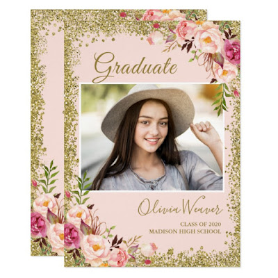  Blush Pink Gold Glitters Floral Photo Graduation Invitation