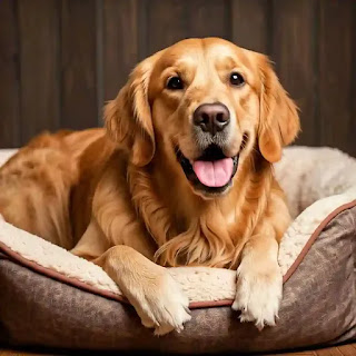 perro adulto feliz en su cama
