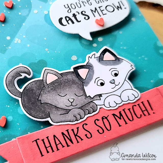 Kitty Themed Thank You Card by Amanda Wilcox | Captivated Kittens Stamp Set, Banner Trio Die Set, Bokeh Hearts Stencil Stencil Set, and Speech Bubbles Die Set by Newton's Nook Designs #newtonsnook