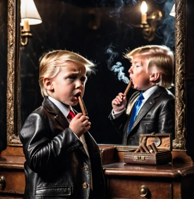 Donald Trump is a little boy wearing a leather blazer and smoking a cigar looking at himself in the mirror