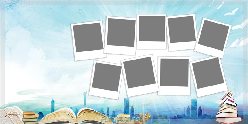 Phông nền ảnh kỷ yếu ghép khung trắng và sách mở