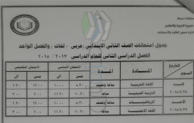جدول امتحانات الصف الثاني الابتدائي 2018 الترم الثاني محافظة دمياط