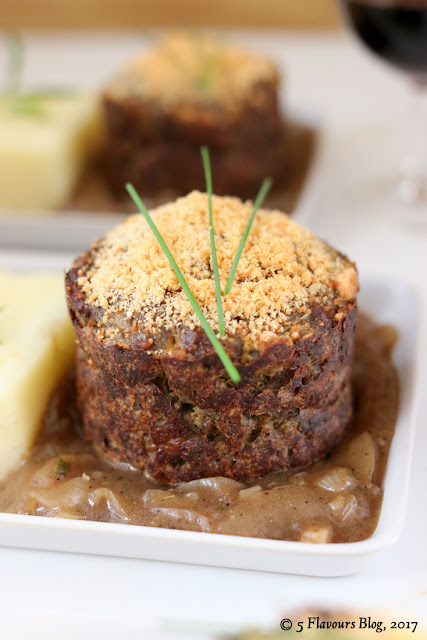 Baked Ground Beef Liver Tower on Browned Onion Gravy