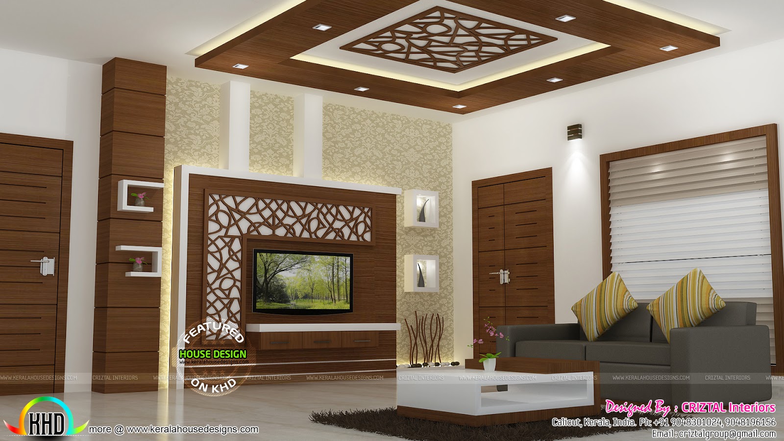 Bedroom dining hall and living interior Kerala home  