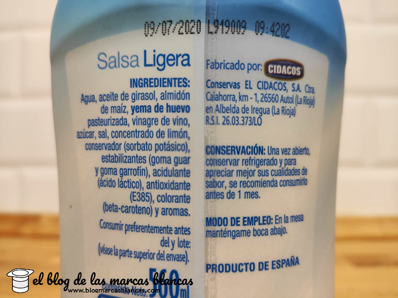 Ingredientes y fabricante de la salsa ligera tipo mayonesa light Ligeresa Hacendado de Mercadona en el blog de las marcas blancas.