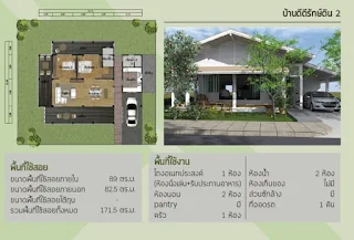 แบบบ้านชั้นเดียว 2ห้องนอน 2ห้องน้ำ 1จอดรถ