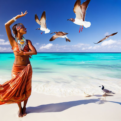 woman dancing on the beach with seagulls