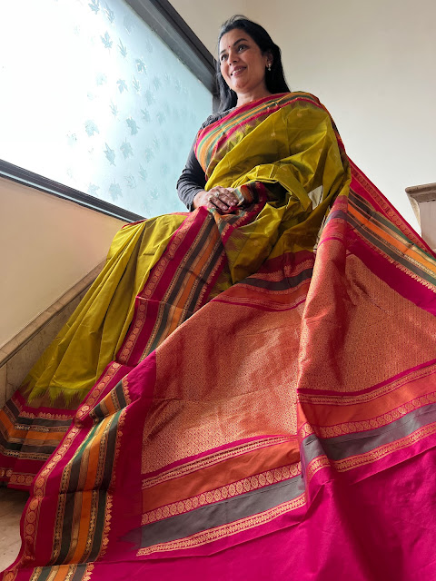 Olive green and hot pink silk Kanjeewaram saree