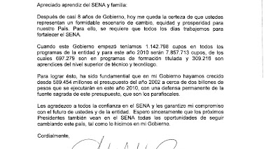 Carta del presidente de la republica para Aprendices