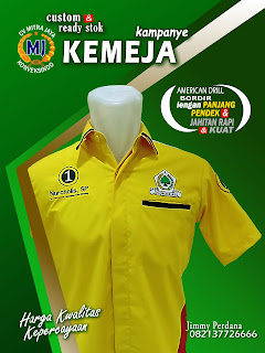 kemeja kampanye biasa di produksi pada masa kampanye (promosi) sebuah produk ataupun acara seperti pilpres atau pilkada baju kemeja kampanye biasa juga di pakai sebagai alat atribut partai ataupun para calon bupati-gubernur-walikota sebagai kemeja yang mempromosikan nama (visi misi) serta gambar foto para calon yang ikut di pemilukada di dapil pemilihan masing masing daerah di seluruh indonesia dan kami dari CV MITRA JAYA KONVEKSINDO (jimmy perdana) salah satu tempat pembuatan berbagai jenis kemeja termasuk pengadaan (konveksi) kemeja untuk kampanye pilkada (pemilihan kepala daerah).