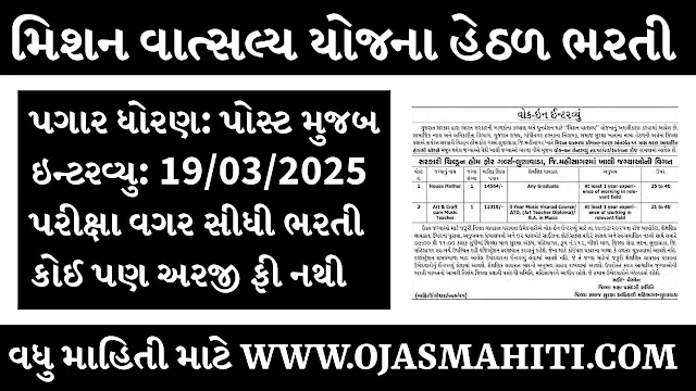 Mission Vatsalya Yojana Mahisagar Recruitment 2025 for Various Posts, Eligibility, Interview Date