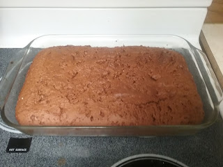 A rectangular glass casserole pan containing brown gingerbread.