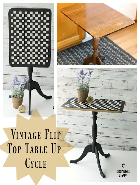 Up-Cycled Antique Shop Flip Top Table #vintage #fliptable #dixiebellepaint #stencil #checks #upcycle #goldtrim