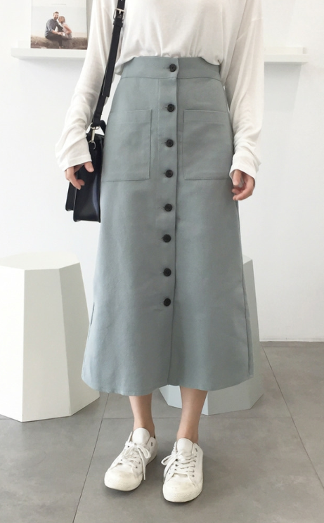 Semi Elastic Waistband Button-Up Midi Skirt