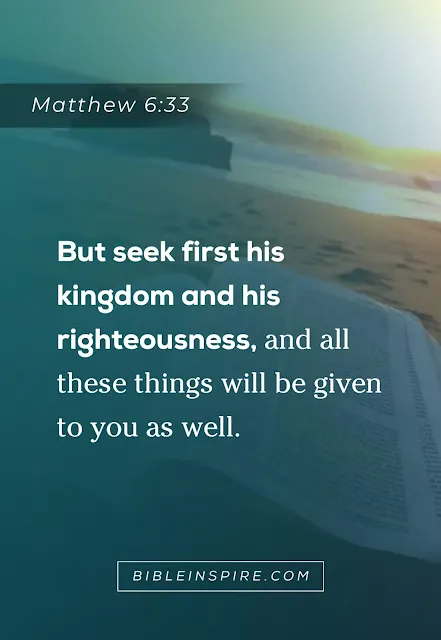 An open Bible highlighting the Matthew 6:33 verse, a core teaching instructing believers to seek first the Kingdom of God and His righteousness.