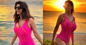 anveshi jain curvy actress pink swimsuit