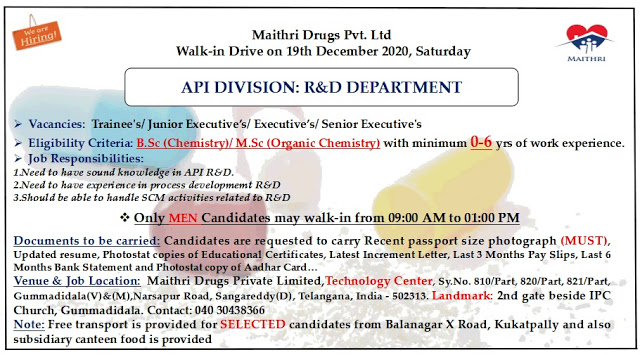 Maithri Drugs | Walk-in for BSc/MSc Freshers &Expd candidates on 19th Dec 2020