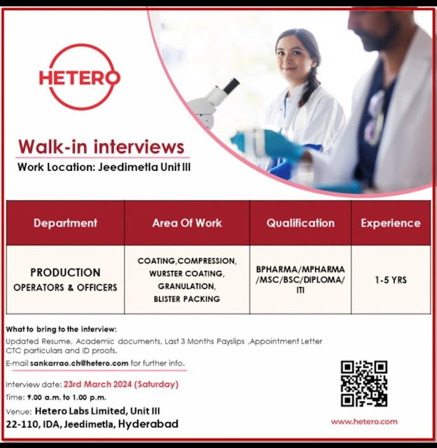 Hetero Walk-in Interviews For Production Dept